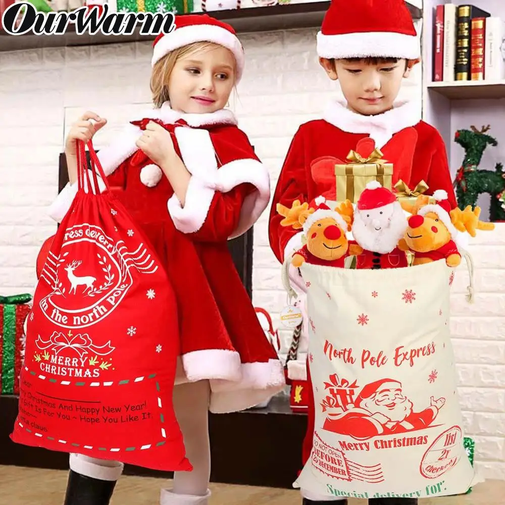 

OurWarm Christmas Canvas Gift Bags Cotton Large Santa Sack New Year Kids Present Drawstring Candy Bag Home Decoration