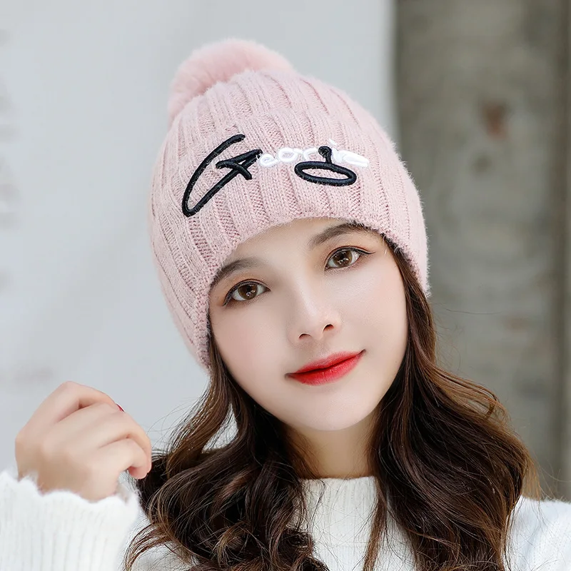 

New autumn and winter wool ball knitting wool hat letter warm and thick cold proof Pullover Hat Women's Skulls & Beans - Beanie