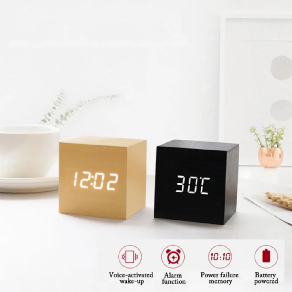 

Digital Alarm Clock Wooden LED Temperature Electronic Voice Control Table Clocks Control Snooze Function Desktop Table Decor