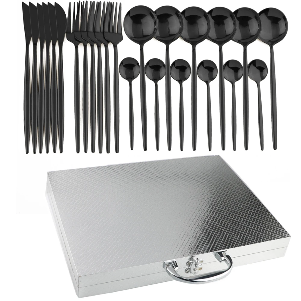 24Pcs Black Dinnerware Set Luxury Cutlery Set 304 Stainless Steel Dinner Set Fork Spoon Knife Tableware Silverware With Gift Box
24Pcs Black Dinnerware Set Luxury Cutlery Set 304 Stainless Steel Dinner Set Fork Spoon Knife Tableware Silverware With Gift Box