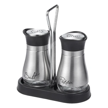Salt and Pepper Shakers Set - High Grade Stainless Steel with Glass Bottom and 4 inch Stand - 4 inch x 6 inch x 2 inch, 4 Oz.
Salt and Pepper Shakers Set - High Grade Stainless Steel with Glass Bottom and 4 inch Stand - 4 inch x 6 inch x 2 inch, 4 Oz.