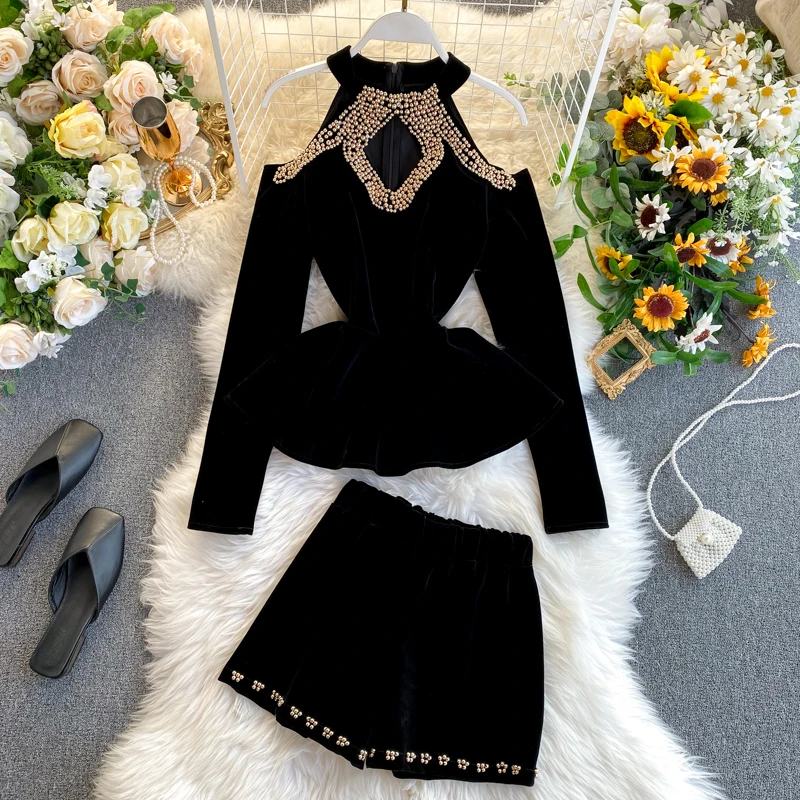 2020 Новая мода Женская одежда Осенне-зимняя обувь костюм из топа + Шорты Модный