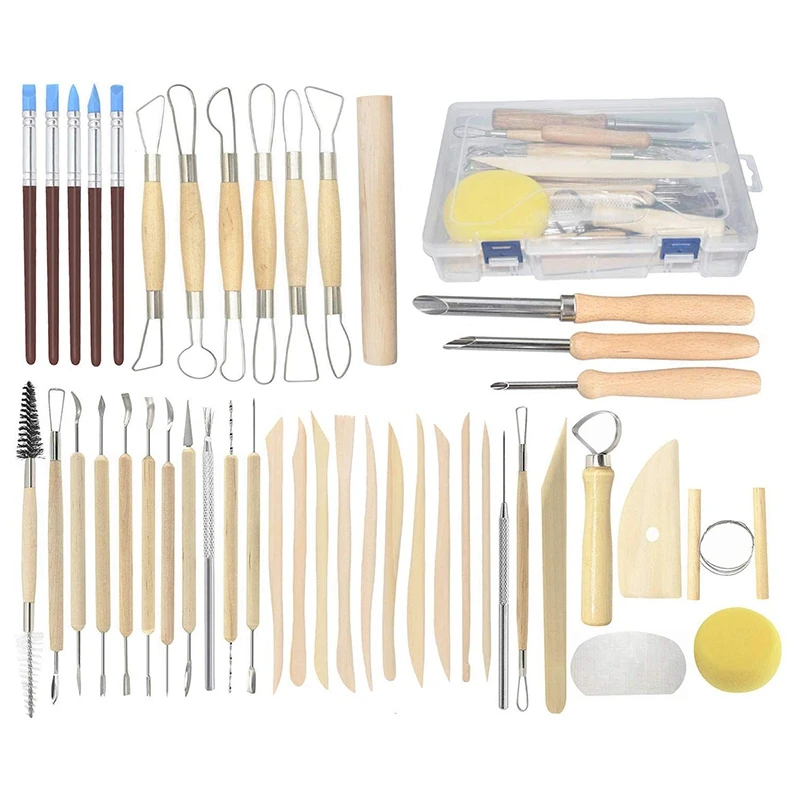 44PCS Pottery Tools Clay Sculpting Tools Wooden Handle Pottery Carving Tool Set Clay Cleaning Tools Kits Rock Painting Kit for S