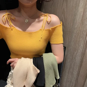 Real Photos Summer Sweet Slash Neck Cropped Spaghetti Straps T-shirts Women Short Sleeve Knit Thin Crop Tops Female
Real Photos Summer Sweet Slash Neck Cropped Spaghetti Straps T-shirts Women Short Sleeve Knit Thin Crop Tops Female