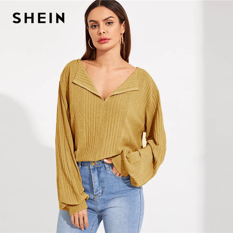 

SHEIN Solid Drop Shoulder Rib-knit Stretchy Top Women Spring Autumn Long Bishop Sleeve V Neck Ladies Casual Tshirt Tops