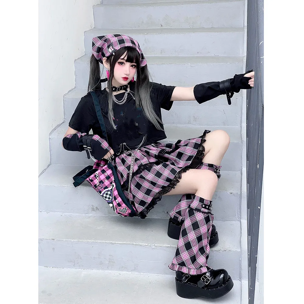 Ruibbit New Arrival Gothic Harajuku hot girl cake dress Pink sweet soft punk Japanese lace plaid Mini Short skirts | Женская одежда