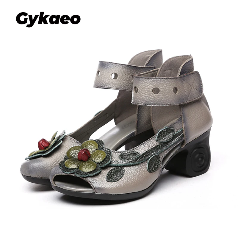 Фото Gykaeo 2022 летние женские туфли в народном стиле из натуральной кожи на высоком