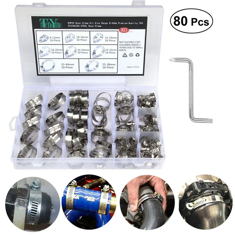 80Pcs Hose Clamp Stainless Steel Assorted Hose Clamp Kit With No Driver Jubilee Clip Set Tube Clamp Fastener
80Pcs Hose Clamp Stainless Steel Assorted Hose Clamp Kit With No Driver Jubilee Clip Set Tube Clamp Fastener