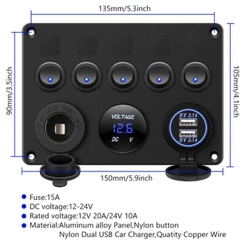 5 Gang Switch Control Panel Multi-Function LED Toggle Indicator Breaker Voltmeter For 12V/24V Car Trucks Boats
5 Gang Switch Control Panel Multi-Function LED Toggle Indicator Breaker Voltmeter For 12V/24V Car Trucks Boats