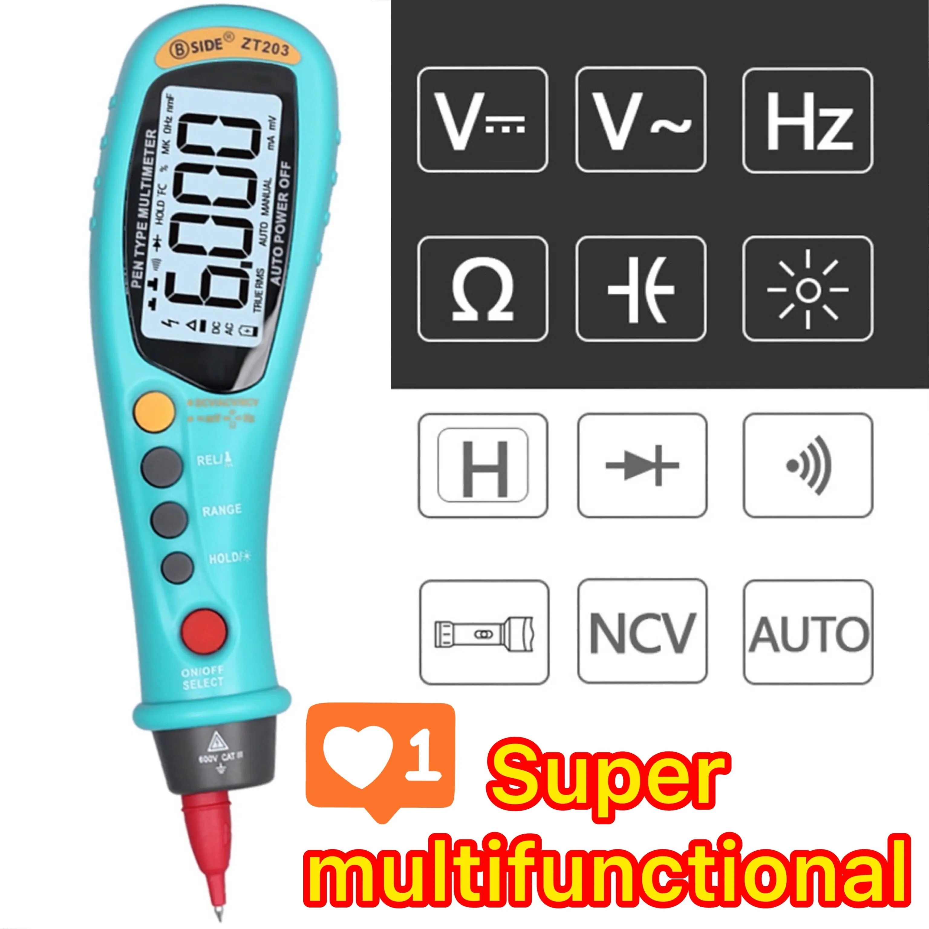 Electrician safety digital intelligence multimeter ZT203 ACDC voltage NCV resistance Hz diode capacitance backlight tester
Electrician safety digital intelligence multimeter ZT203 ACDC voltage NCV resistance Hz diode capacitance backlight tester