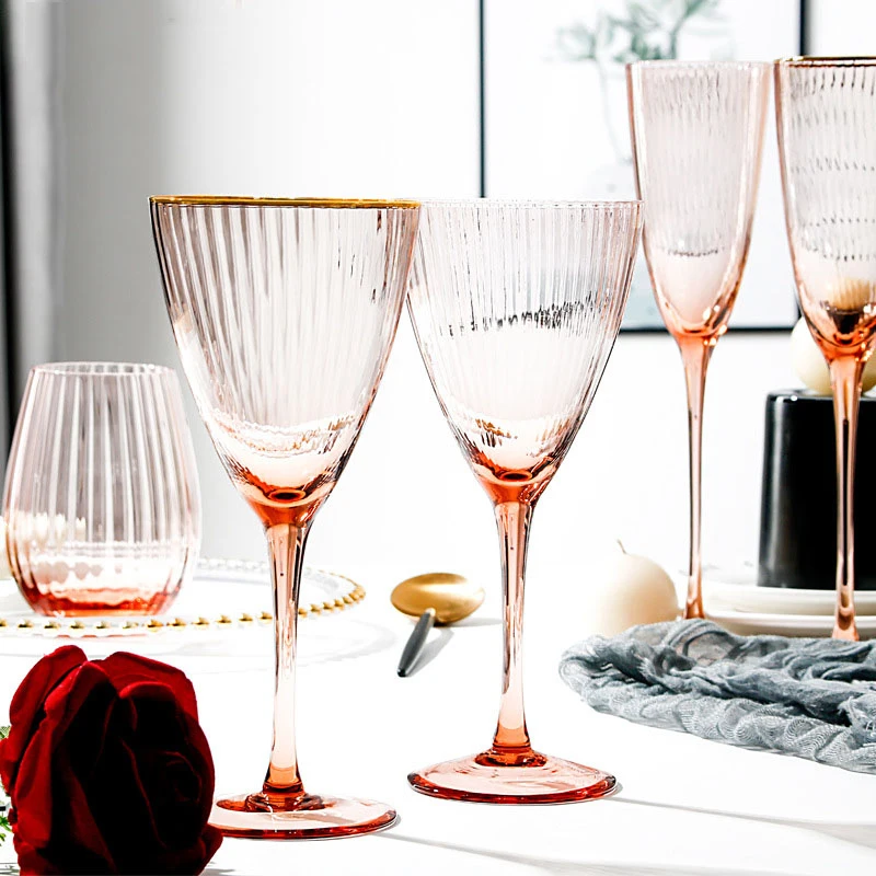 

Scandinavian Gold rim Vertical striped crystal wine glass Champagne color goblet wedding champagne glasses juice glass Water cup