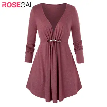 

ROSEGAL 5X Women Long Sleeve Red Wine T-shirt Top Plus Size V Neck Basic Solid Long Top Female Loose Tee Lady Style Spring 2020
