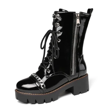 Chain Shiny Leather Handsome Motorcycle Punk Short Boots Patent Leather Side Zipper Cool Street Thick Bottom Thick Heel Mid-Calf
Chain Shiny Leather Handsome Motorcycle Punk Short Boots Patent Leather Side Zipper Cool Street Thick Bottom Thick Heel Mid-Calf