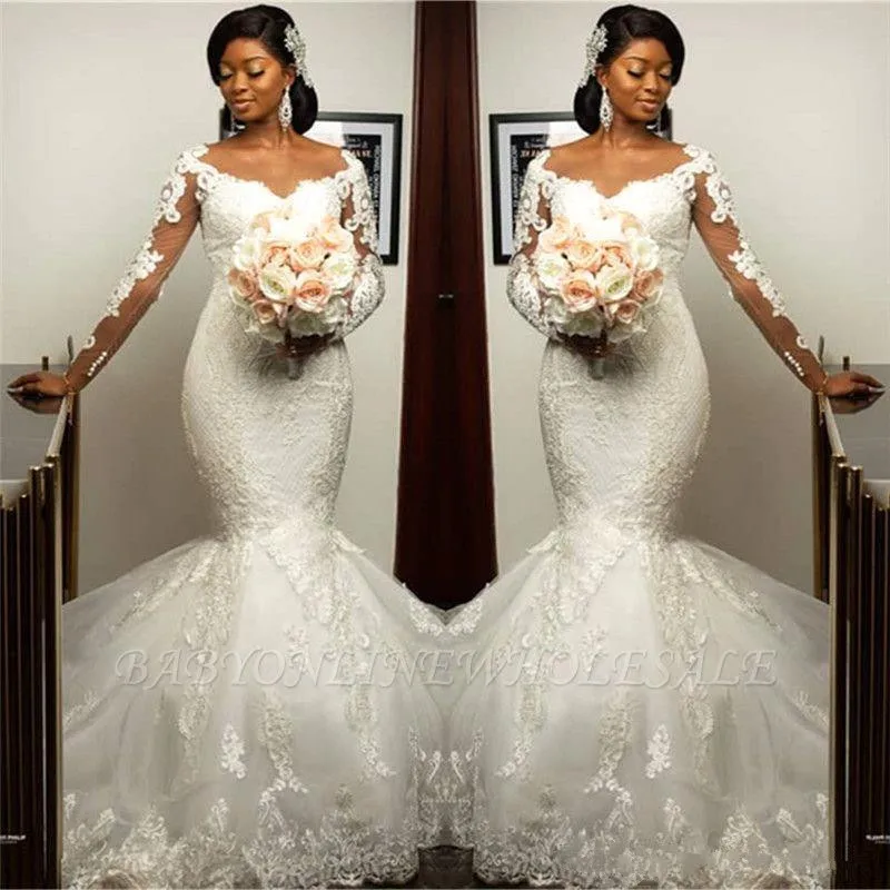 Illusion Long Sleeve Mermaid Wedding Dresses 2020 Vestido De Novia Jewel Neck Lace Applique Trumpet African Bridal Gown | Свадьбы и