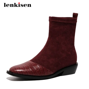 Lenkisen new leisure concise style cow leather patchwork stone pattern thick med heel square toe slip on stretch ankle boots L96 
Lenkisen new leisure concise style cow leather patchwork stone pattern thick med heel square toe slip on stretch ankle boots L96