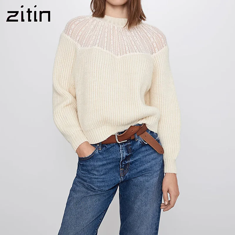 Женский винтажный трикотажный свитер прозрачный кружевной пуловер с круглым