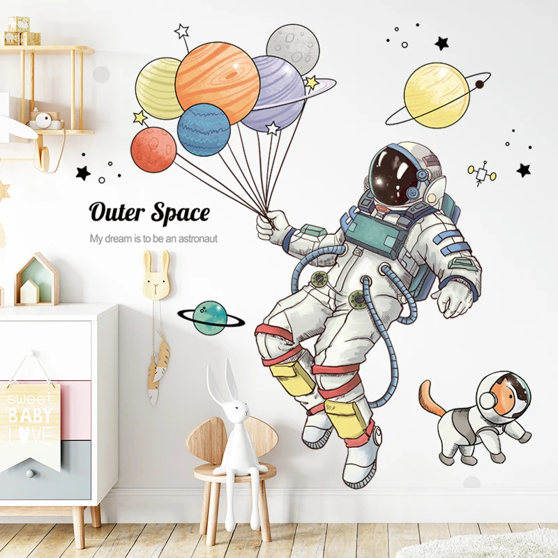 

3D Astronaut Removable Wall Stickers Creative Spaceship Space Planet Balloon Decal for Kid's Room Cartoon Kindergarten Sticker