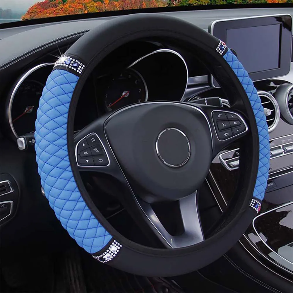 

For 38-37CM Steering Wheel Cover Black + Blue Car Diamond Elastic Leather Universal 1 Pcs Anti-Slip Auto High Quality