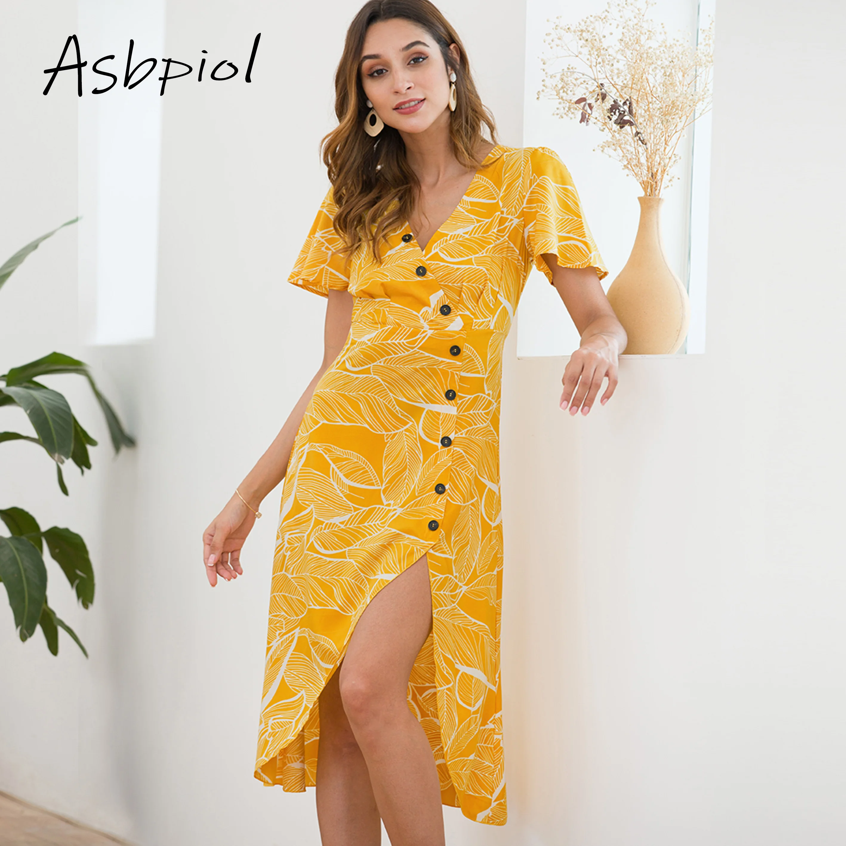 Yellow Butterfly Sleeve Button Long Dress Leaf Pattern Split Maxi Dress Beach Style Casual Slim Summer Dress For Women 2019 New
Yellow Butterfly Sleeve Button Long Dress Leaf Pattern Split Maxi Dress Beach Style Casual Slim Summer Dress For Women 2019 New
