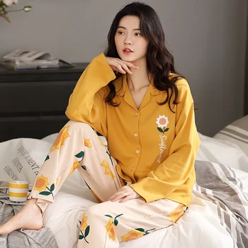 BZEL Yellow Cotton Sleepwear Sunflower Pajamas Set For Women Turn-Down Collar Pijamas Casual Home Wear New Autumn Pyjamas Nighty
BZEL Yellow Cotton Sleepwear Sunflower Pajamas Set For Women Turn-Down Collar Pijamas Casual Home Wear New Autumn Pyjamas Nighty