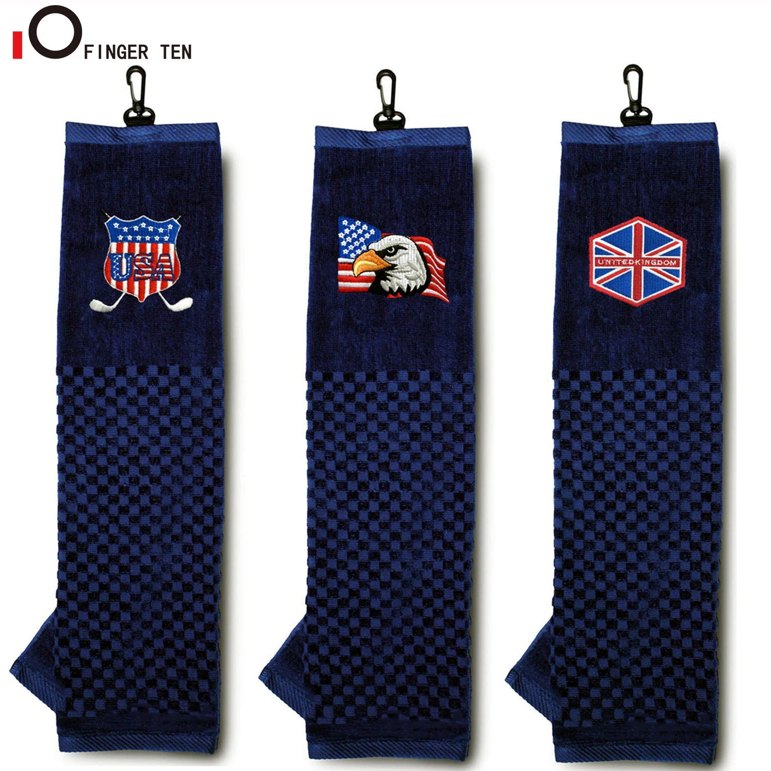 Waffle Pattern Tri-fold Golf Towels with Hook Brush Tool Checkered Scrubber Design Embroidered USA UK Flag Eagle Drop Shipping | Спорт и