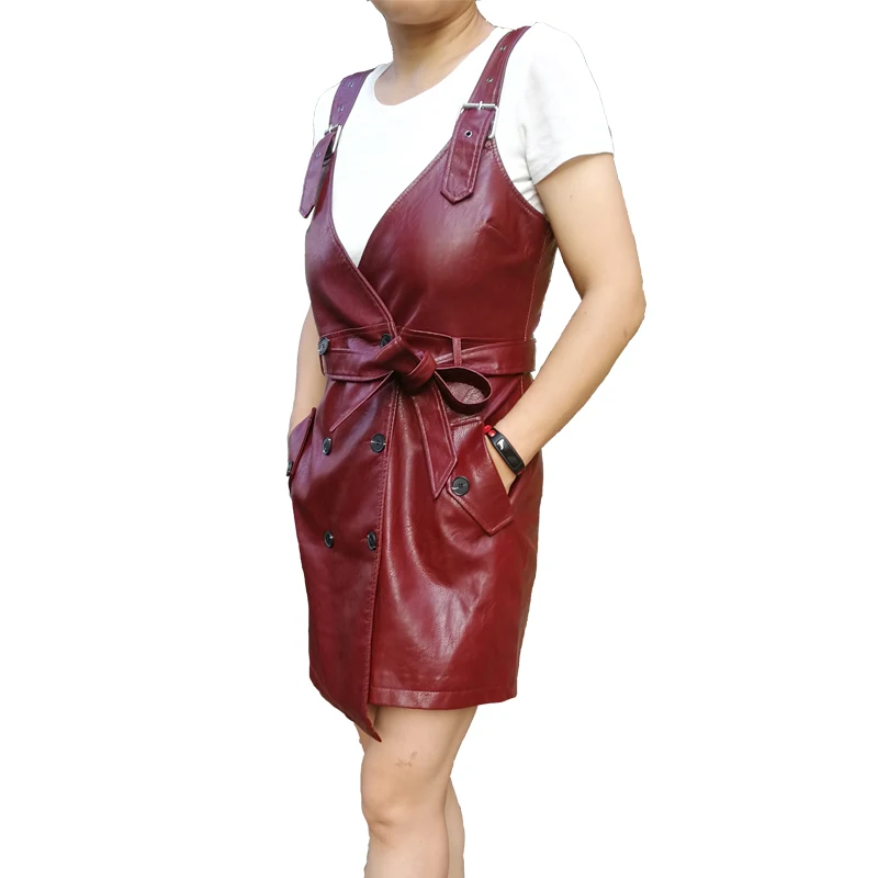 Фото Women Spring autumn PU faux leather dress deep V Neck belt Mini length back zipper S-XL 4colors irregular drop shipping | Женская одежда