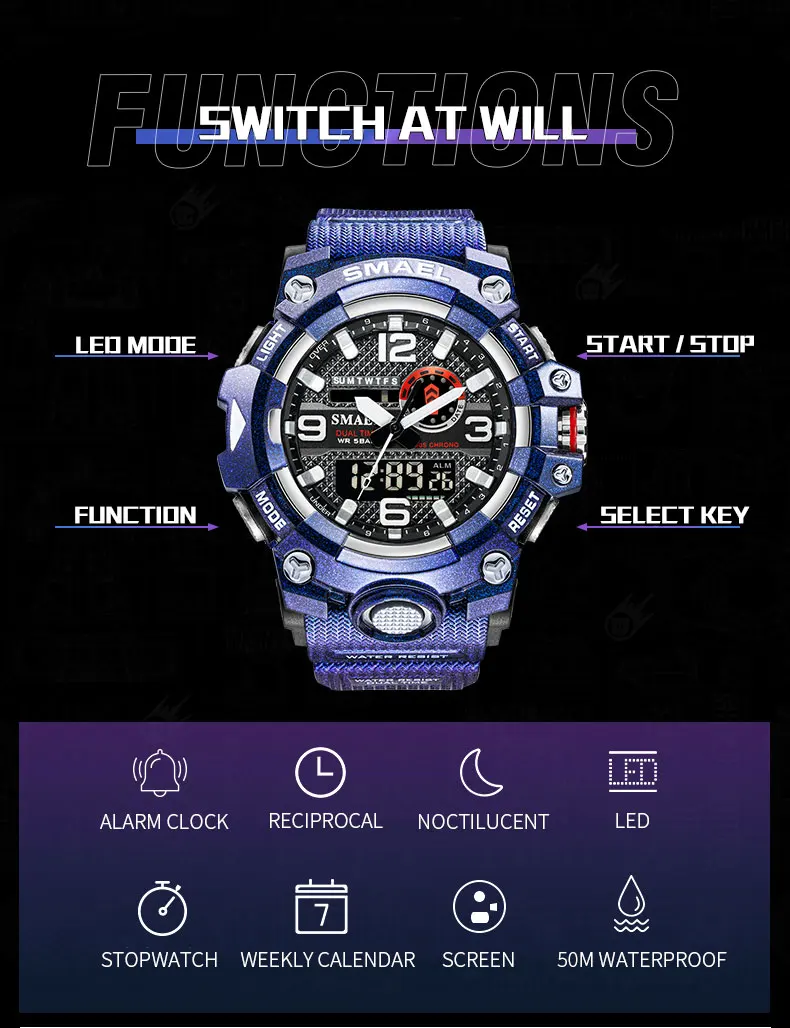 This SMAEL 8035 Dual Time Digital Waterproof Sport Watch comes with an amazing amount of useful features and a high quality watch that will last. That special man in your life will love this watch for his birthday, Christmas, Fathers Day, Anniversary or any special occasion. Comes in several colors to suite any unique style and is easy and comfortable to wear.