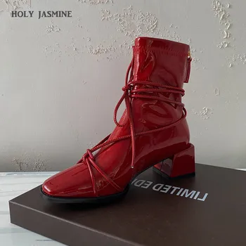 New 2020 Women Boots Patent Leather Stretch Fabric Square Heel Ankle Boots Lace Design Beautiful Version Rubber Autumn Winter
New 2020 Women Boots Patent Leather Stretch Fabric Square Heel Ankle Boots Lace Design Beautiful Version Rubber Autumn Winter