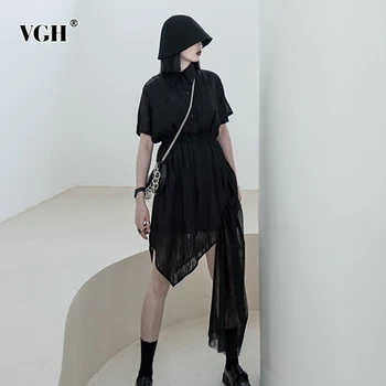 VGH Vintage Loose Asymmetrical Women Dress Stand Collar Short Sleeve High Waist Irregular Hem Elegant Dresses Female Fashion New 
VGH Vintage Loose Asymmetrical Women Dress Stand Collar Short Sleeve High Waist Irregular Hem Elegant Dresses Female Fashion New