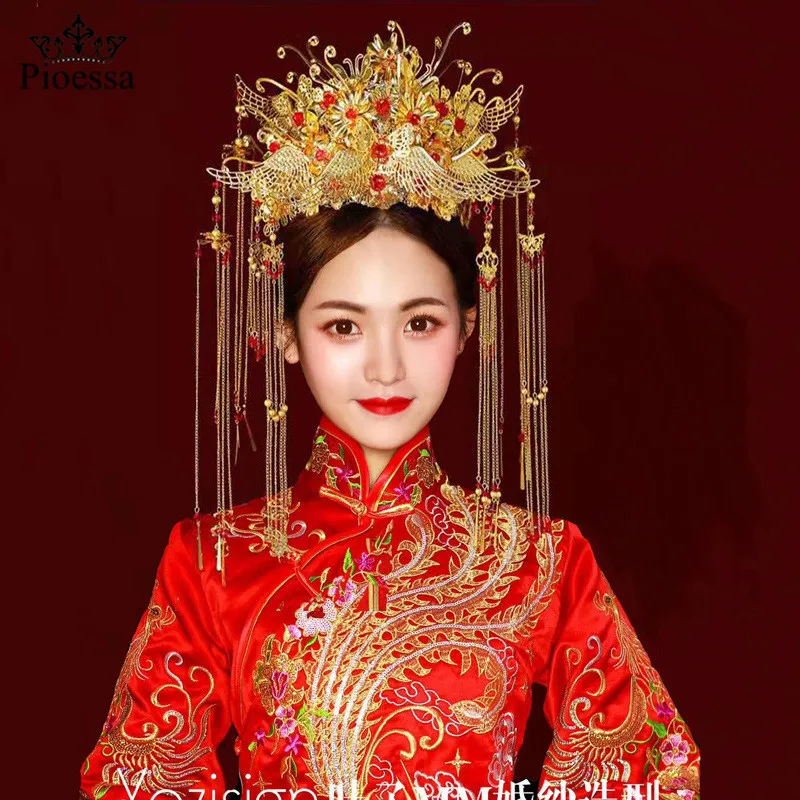 Chinese Traditional Gold Crystal Beads Phoenix Coronet Tiaras and Crowns Drop Earrings Jewelry Sets for Bridal Bride Wedding
Chinese Traditional Gold Crystal Beads Phoenix Coronet Tiaras and Crowns Drop Earrings Jewelry Sets for Bridal Bride Wedding