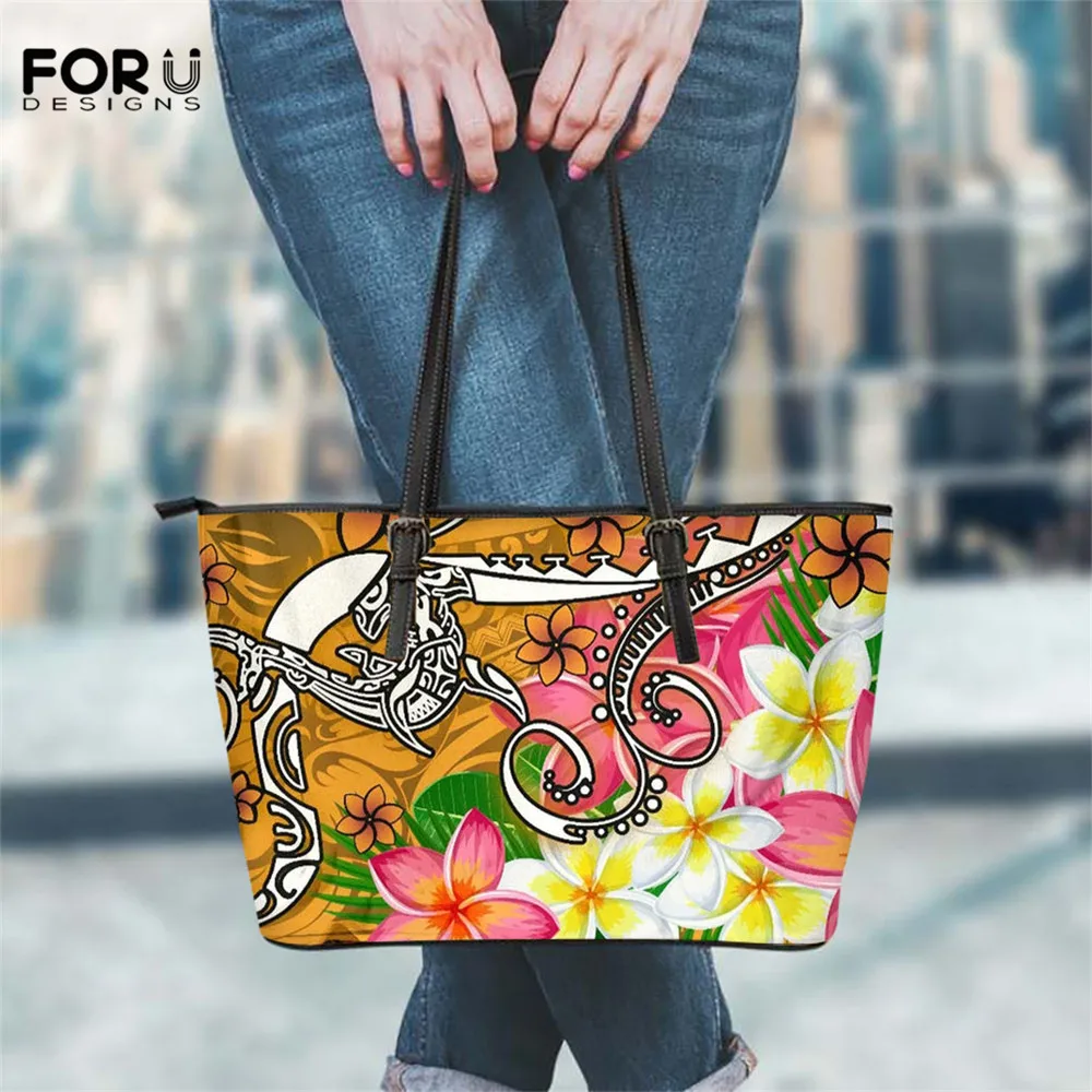 

FOURDESIGNS Fashion Women Shoulder Bag Hawaii Polynesian Turtle Plumeria Design Ladies Large Capacity Handbag Female PU Tote Bag