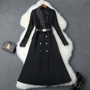 Black Dress Office Lady 2019 Autumn Winter Notched Collar Long Sleeved Hollow Out Lace Patchwork Slim Belted A-Line Dress Midi 
Black Dress Office Lady 2019 Autumn Winter Notched Collar Long Sleeved Hollow Out Lace Patchwork Slim Belted A-Line Dress Midi
