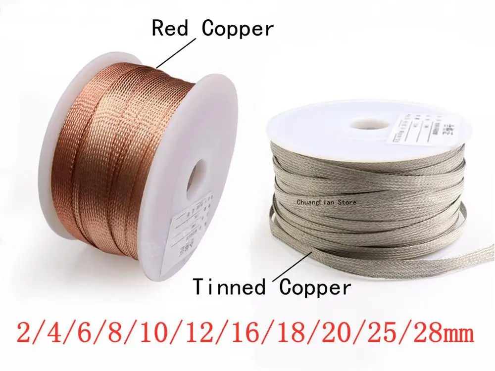 

1/2/5M Tinned Plating Copper Braided Sleeve 2 4 6 8 10 18 25 28 mm Expandable Metal Sheath Screening Signal Wire Cable Shielded