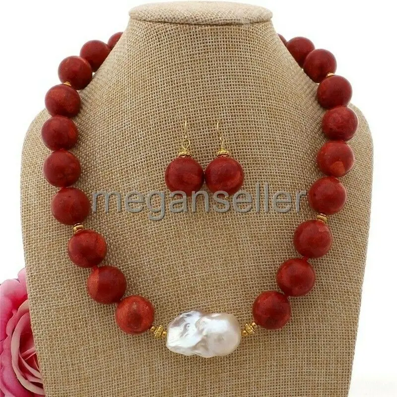 

20" 18mm Red Coral White Keshi Pearl Necklace Earrings Set
