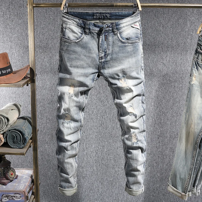Italian Style Fashion Men Jeans Retro Light Blue Elastic Slim Fit Ripped Jeans Patchwork Vintage Designer Hip Hop Pencil Pants
Italian Style Fashion Men Jeans Retro Light Blue Elastic Slim Fit Ripped Jeans Patchwork Vintage Designer Hip Hop Pencil Pants