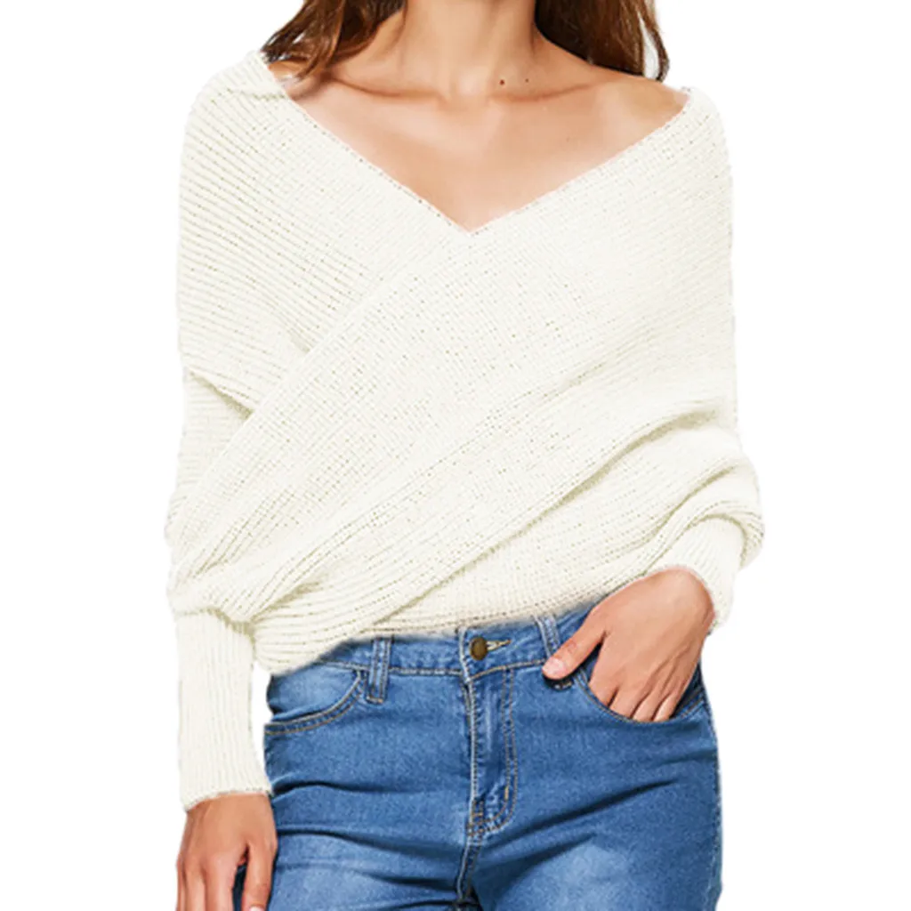 Jaycosin Fashion Casual Simple Lady Long Sleeve Cross Shoulders Cape Sweater Stylish Comfortable Soft Solid Color Blouse