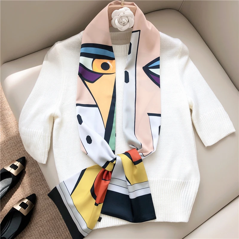 

2020NEW Designer Fashion Digital printing long Imitation silk Scarf for Women Top Quality Small satin girl neckerchief for party