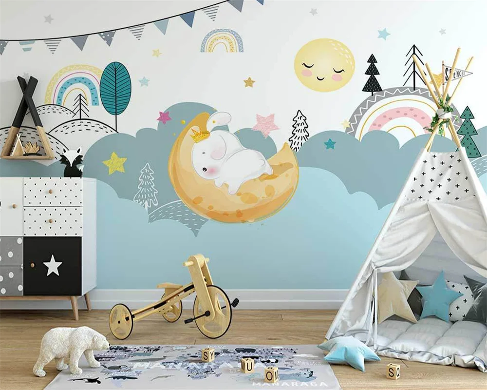 

beibehang Custom modern Nordic hand-painted starry sky moon white rabbit children's room background papel de parede wallpaper