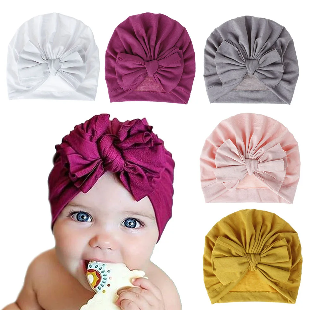 

Infant Baby Girls Bow Hat with Solid Color, High Elasticity Casual Newborn Soft Head Wraps Turban Accessory 0-18M