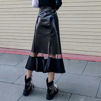 Harajuku See Through Mesh Patchwork Pu Leather Skirt Women Hight Waist Mid Long Pleated Skirts Punk Fashion Skirt Femme Q110
Harajuku See Through Mesh Patchwork Pu Leather Skirt Women Hight Waist Mid Long Pleated Skirts Punk Fashion Skirt Femme Q110