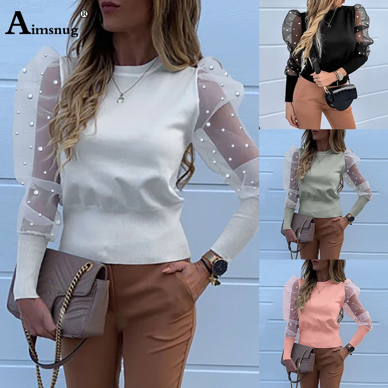 European and American Spring and Autumn New Female Blouse Pearl Tops Splice Round Neck Slim Lace Gauze Puff Sleeve Women's Shirt
European and American Spring and Autumn New Female Blouse Pearl Tops Splice Round Neck Slim Lace Gauze Puff Sleeve Women's Shirt