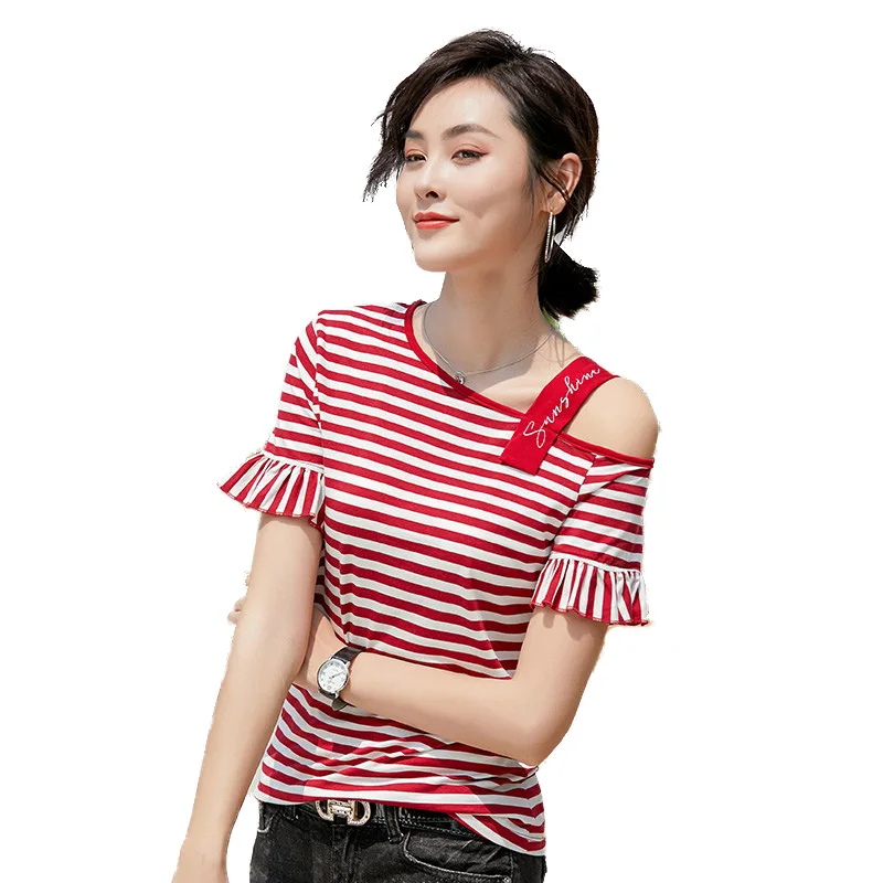 Women Summer High Fashion Skew Collar Flare Tassle Sleeve Embroidery Striped Cotton T Shirt Tops Female Sexy Personality Shirts 
Women Summer High Fashion Skew Collar Flare Tassle Sleeve Embroidery Striped Cotton T Shirt Tops Female Sexy Personality Shirts