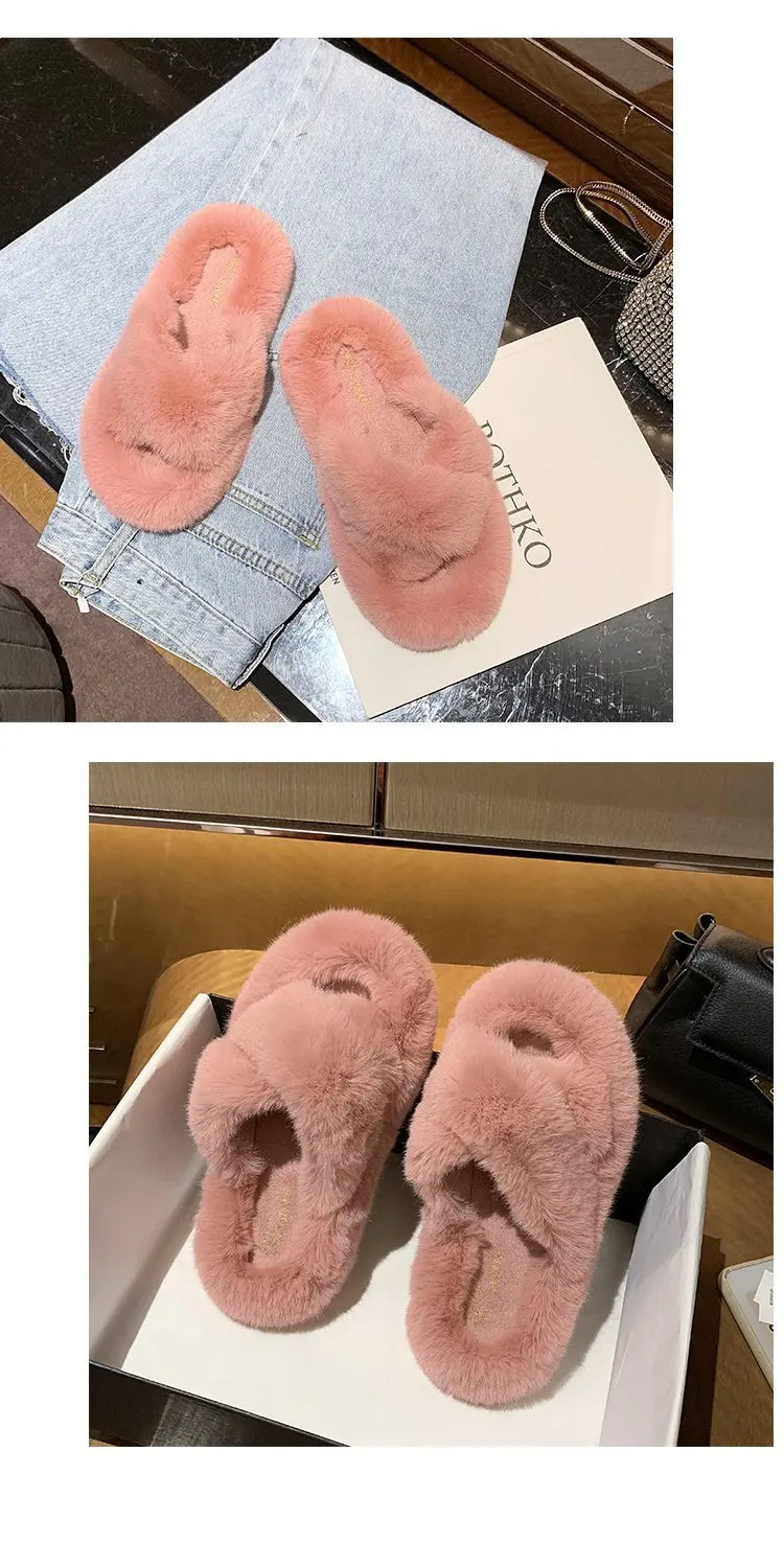 Women Slippers Pink Winter Warm Soft Fluffy Plush House Slides Shoes For Home Fashion Non Slip Flat Fur Women Bedroom Slippers