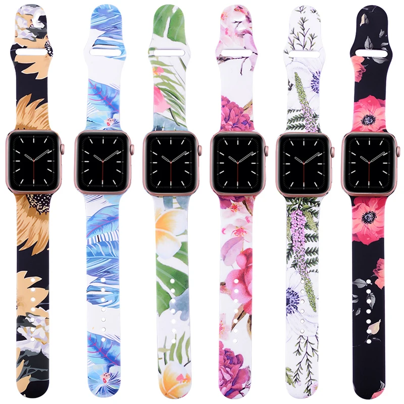 

Flower Bands for Apple Watch Series 6 5 4 3 2 1 SE 40mm 44mm Silicone Pattern Printed Strap for IWatch Series 4 3 2 38mm 42mm