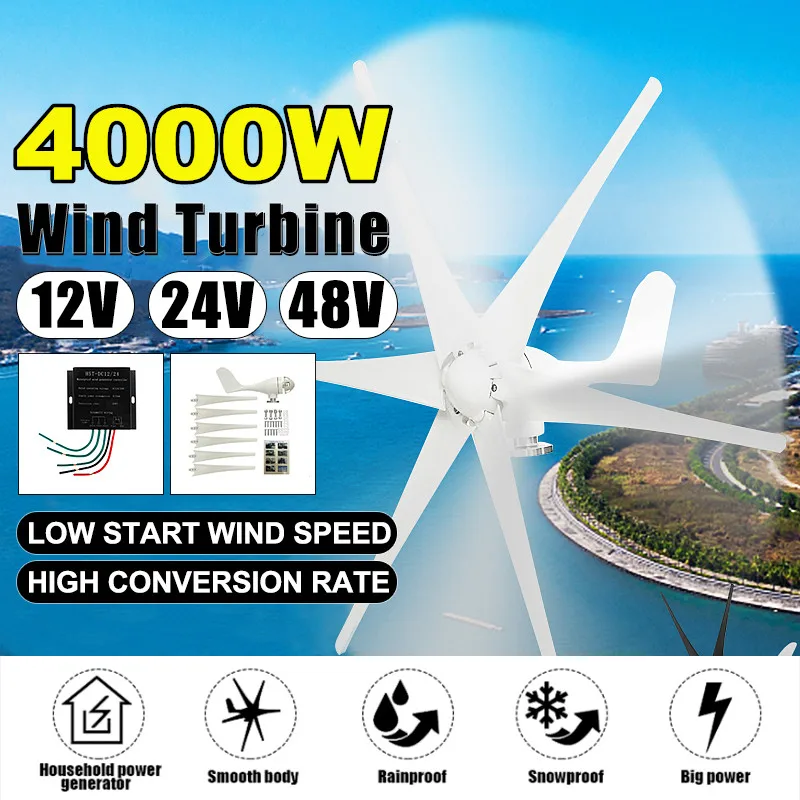 4000W 12V/24V/48V 6 Blades Wind Turbines Generator White Black Blade Option with Wind Charge Controller Fit for Home Or Camping
4000W 12V/24V/48V 6 Blades Wind Turbines Generator White Black Blade Option with Wind Charge Controller Fit for Home Or Camping