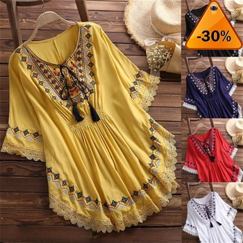 

Boho Style Retro Embroidery Shirts Blouses Womens Summer Cloak Top Loose Cotton Lace Hem Bat sleeve Kimono Shirt Blusa Feminina