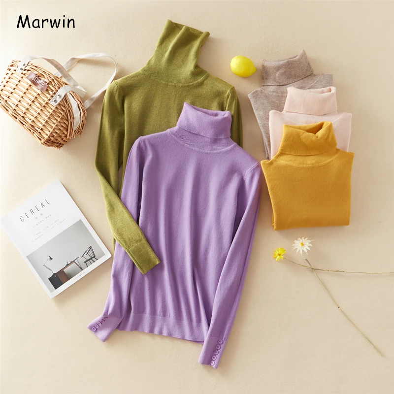 

Marwin New-Coming Winter Tops Solid Button Turn-down Collar Pullovers Female Thick Turtleneck Knitted High Street Women Sweater