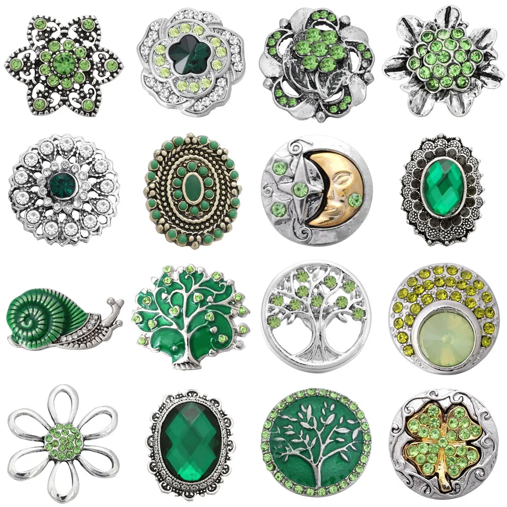 

5pcs/lot Wholesale Metal 18mm Snap Jewelry Rhinestone Green Crystal Snap Button Fit 18mm Snap Buttons Bracelet Snaps Necklace