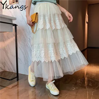 Long Lace embroidery pleated skirt vintage Black mesh Midi Ladies Cake Skirt Women Elastic High Waist Korean Skirt Clothes Saia
Long Lace embroidery pleated skirt vintage Black mesh Midi Ladies Cake Skirt Women Elastic High Waist Korean Skirt Clothes Saia