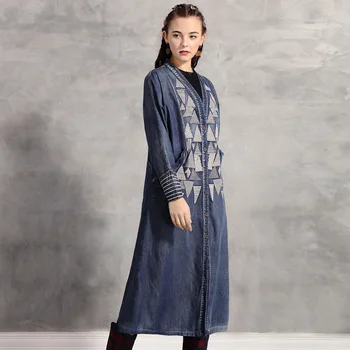 2020 Spring Denim long coat for women denim embriodery trench coat long coat Vintage Spliced Pockets Straight coat for women Z3 
2020 Spring Denim long coat for women denim embriodery trench coat long coat Vintage Spliced Pockets Straight coat for women Z3